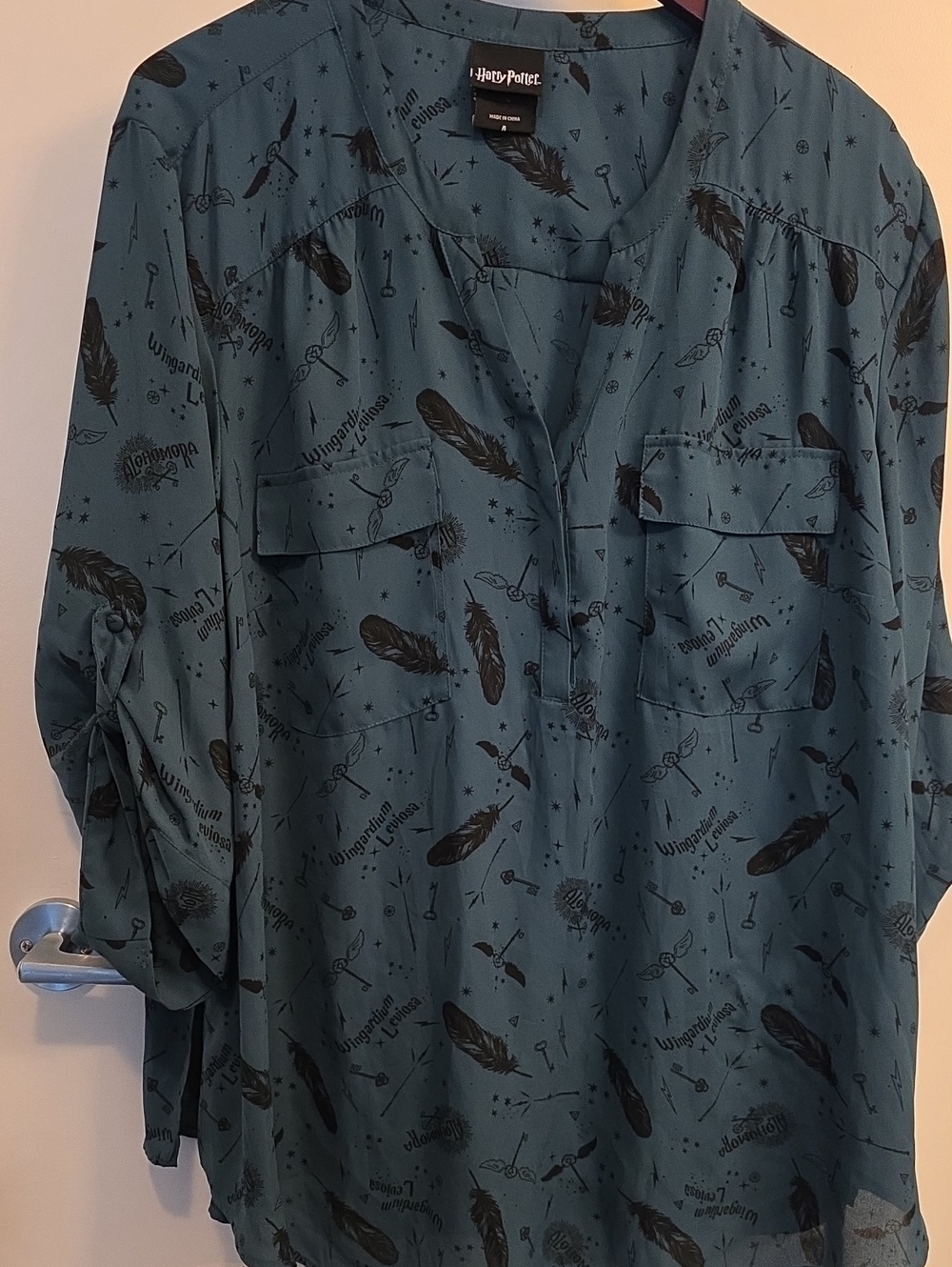 Torrid Harry Potter Teal Button-Front Blouse with Black Feather Motif